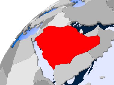 Suudi Arabistan görünür ülke sınırları ve şeffaf okyanuslar ile basit siyasi dünya üzerinde. 3D çizim.
