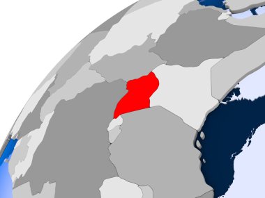 Uganda görünür ülke sınırları ve şeffaf okyanuslar ile basit siyasi dünya üzerinde. 3D çizim.
