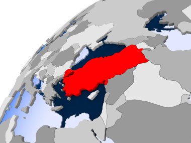 Türkiye görünür ülke sınırları ve şeffaf okyanuslar ile basit siyasi dünya üzerinde. 3D çizim.