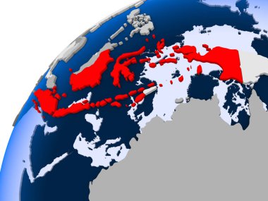 Endonezya görünür ülke sınırları ve şeffaf okyanuslar ile basit siyasi dünya üzerinde. 3D çizim.