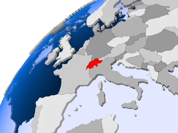 Switzerland on simple political globe with visible country borders and transparent oceans. 3D illustration.