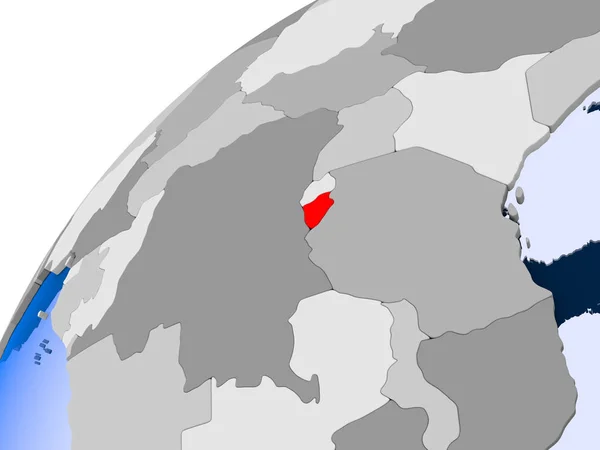 Burundi on simple political globe with visible country borders and transparent oceans. 3D illustration.