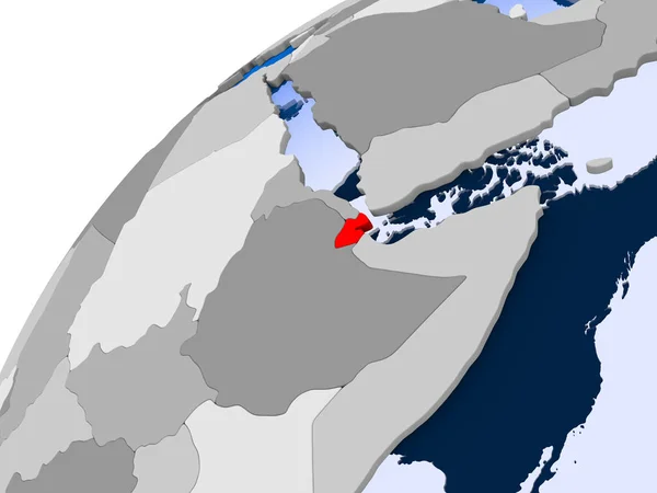 Djibouti on simple political globe with visible country borders and transparent oceans. 3D illustration.