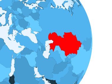 Kazakistan kırmızı görünür ülke sınırları ve şeffaf okyanuslar ile basit mavi siyasi dünya üzerinde. 3D çizim.