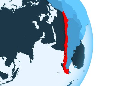 Şili kırmızı görünür ülke sınırları ve şeffaf okyanuslar ile basit mavi siyasi dünya üzerinde. 3D çizim.
