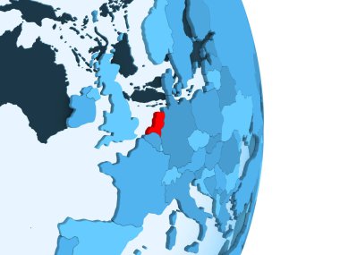 Hollanda kırmızı görünür ülke sınırları ve şeffaf okyanuslar ile basit mavi siyasi dünya üzerinde. 3D çizim.