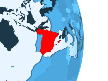 İspanya kırmızı görünür ülke sınırları ve şeffaf okyanuslar ile basit mavi siyasi dünya üzerinde. 3D çizim.