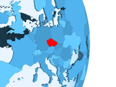 Çek Cumhuriyeti kırmızı görünür ülke sınırları ve şeffaf okyanuslar ile basit mavi siyasi dünya üzerinde. 3D çizim.