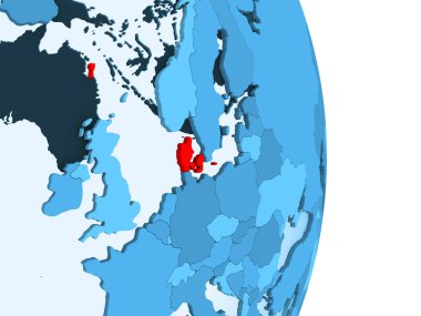 Danimarka kırmızı görünür ülke sınırları ve şeffaf okyanuslar ile basit mavi siyasi dünya üzerinde. 3D çizim.