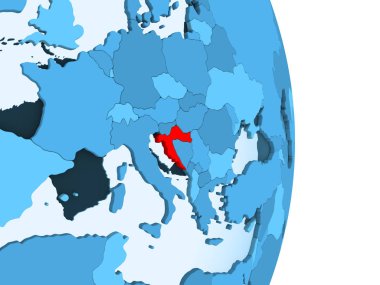 Hırvatistan kırmızı görünür ülke sınırları ve şeffaf okyanuslar ile basit mavi siyasi dünya üzerinde. 3D çizim.