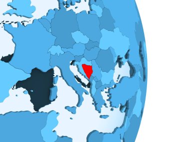 Bosna ve Hersek kırmızı görünür ülke sınırları ve şeffaf okyanuslar ile basit mavi siyasi dünya üzerinde. 3D çizim.