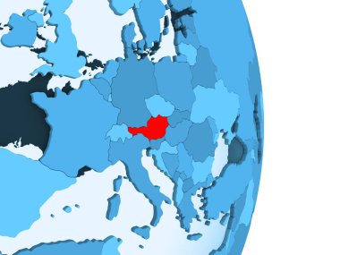 Avusturya kırmızı görünür ülke sınırları ve şeffaf okyanuslar ile basit mavi siyasi dünya üzerinde. 3D çizim.
