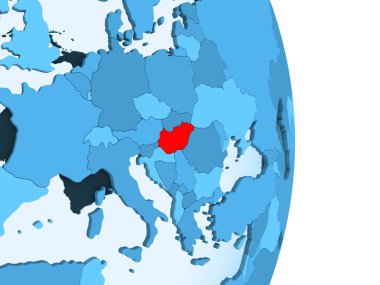 Macaristan kırmızı görünür ülke sınırları ve şeffaf okyanuslar ile basit mavi siyasi dünya üzerinde. 3D çizim.