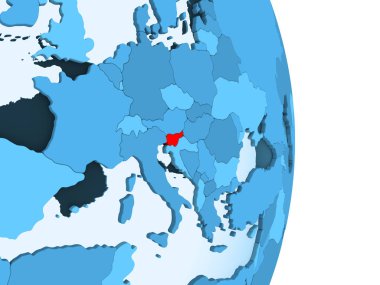 Slovenya kırmızı görünür ülke sınırları ve şeffaf okyanuslar ile basit mavi siyasi dünya üzerinde. 3D çizim.