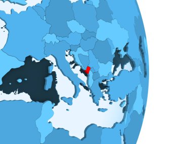 Karadağ kırmızı görünür ülke sınırları ve şeffaf okyanuslar ile basit mavi siyasi dünya üzerinde. 3D çizim.