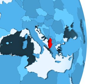 Arnavutluk kırmızı görünür ülke sınırları ve şeffaf okyanuslar ile basit mavi siyasi dünya üzerinde. 3D çizim.