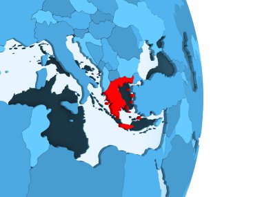 Yunanistan kırmızı görünür ülke sınırları ve şeffaf okyanuslar ile basit mavi siyasi dünya üzerinde. 3D çizim.