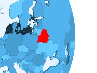 Beyaz Rusya kırmızı görünür ülke sınırları ve şeffaf okyanuslar ile basit mavi siyasi dünya üzerinde. 3D çizim.