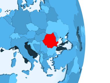 Romanya kırmızı görünür ülke sınırları ve şeffaf okyanuslar ile basit mavi siyasi dünya üzerinde. 3D çizim.