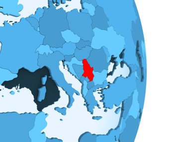 Sırbistan kırmızı görünür ülke sınırları ve şeffaf okyanuslar ile basit mavi siyasi dünya üzerinde. 3D çizim.