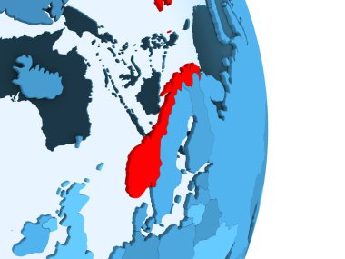 Norveç kırmızı görünür ülke sınırları ve şeffaf okyanuslar ile basit mavi siyasi dünya üzerinde. 3D çizim.