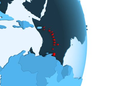 Kırmızı görünür ülke sınırları ve şeffaf okyanuslar ile basit mavi siyasi dünya üzerinde Karayipler'de. 3D çizim.