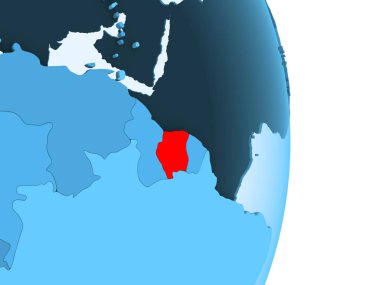 Surinam kırmızı görünür ülke sınırları ve şeffaf okyanuslar ile basit mavi siyasi dünya üzerinde. 3D çizim.