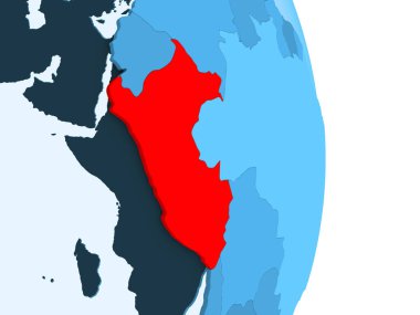 Peru kırmızı görünür ülke sınırları ve şeffaf okyanuslar ile basit mavi siyasi dünya üzerinde. 3D çizim.