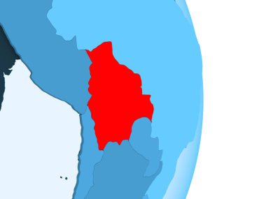 Bolivya kırmızı görünür ülke sınırları ve şeffaf okyanuslar ile basit mavi siyasi dünya üzerinde. 3D çizim.