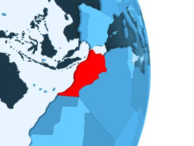 Fas kırmızı görünür ülke sınırları ve şeffaf okyanuslar ile basit mavi siyasi dünya üzerinde. 3D çizim.