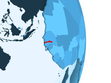 Gambiya kırmızı görünür ülke sınırları ve şeffaf okyanuslar ile basit mavi siyasi dünya üzerinde. 3D çizim.
