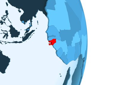 Gine-Bissau kırmızı görünür ülke sınırları ve şeffaf okyanuslar ile basit mavi siyasi dünya üzerinde. 3D çizim.