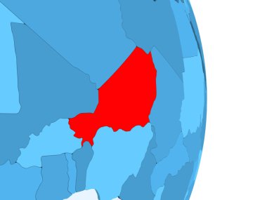 Nijer kırmızı görünür ülke sınırları ve şeffaf okyanuslar ile basit mavi siyasi dünya üzerinde. 3D çizim.