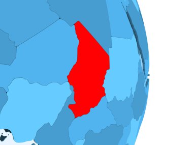 Chad kırmızı görünür ülke sınırları ve şeffaf okyanuslar ile basit mavi siyasi dünya üzerinde. 3D çizim.