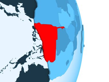 Namibya kırmızı görünür ülke sınırları ve şeffaf okyanuslar ile basit mavi siyasi dünya üzerinde. 3D çizim.