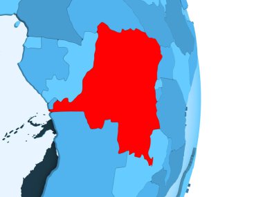 Demokratik Kongo Cumhuriyeti kırmızı görünür ülke sınırları ve şeffaf okyanuslar ile basit mavi siyasi dünya üzerinde. 3D çizim.
