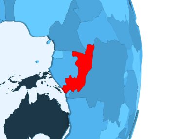 Kongo kırmızı görünür ülke sınırları ve şeffaf okyanuslar ile basit mavi siyasi dünya üzerinde. 3D çizim.