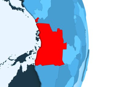Angola kırmızı görünür ülke sınırları ve şeffaf okyanuslar ile basit mavi siyasi dünya üzerinde. 3D çizim.