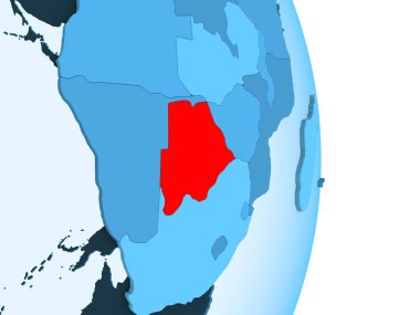 Botsvana kırmızı görünür ülke sınırları ve şeffaf okyanuslar ile basit mavi siyasi dünya üzerinde. 3D çizim.