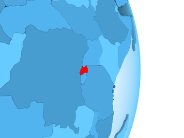 Ruanda kırmızı görünür ülke sınırları ve şeffaf okyanuslar ile basit mavi siyasi dünya üzerinde. 3D çizim.
