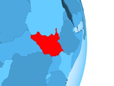 Güney Sudan kırmızı görünür ülke sınırları ve şeffaf okyanuslar ile basit mavi siyasi dünya üzerinde. 3D çizim.