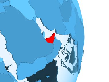 Birleşik Arap Emirlikleri kırmızı görünür ülke sınırları ve şeffaf okyanuslar ile basit mavi siyasi dünya üzerinde. 3D çizim.