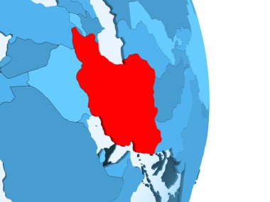 İran'da kırmızı görünür ülke sınırları ve şeffaf okyanuslar ile basit mavi siyasi dünya üzerinde. 3D çizim.