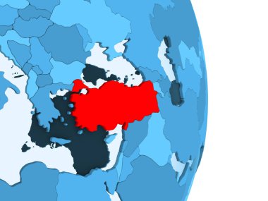 Türkiye'de kırmızı görünür ülke sınırları ve şeffaf okyanuslar ile basit mavi siyasi dünya üzerinde. 3D çizim.