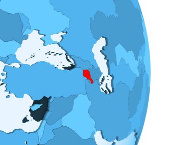 Ermenistan kırmızı görünür ülke sınırları ve şeffaf okyanuslar ile basit mavi siyasi dünya üzerinde. 3D çizim.