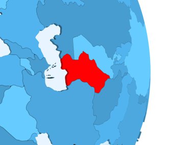Türkmenistan kırmızı görünür ülke sınırları ve şeffaf okyanuslar ile basit mavi siyasi dünya üzerinde. 3D çizim.
