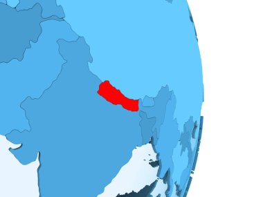 Nepal kırmızı görünür ülke sınırları ve şeffaf okyanuslar ile basit mavi siyasi dünya üzerinde. 3D çizim.