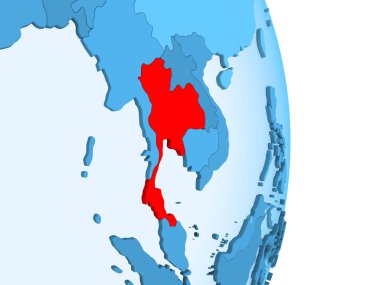 Tayland kırmızı görünür ülke sınırları ve şeffaf okyanuslar ile basit mavi siyasi dünya üzerinde. 3D çizim.