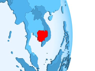 Kamboçya'da kırmızı görünür ülke sınırları ve şeffaf okyanuslar ile basit mavi siyasi dünya üzerinde. 3D çizim.