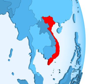 Vietnam kırmızı görünür ülke sınırları ve şeffaf okyanuslar ile basit mavi siyasi dünya üzerinde. 3D çizim.